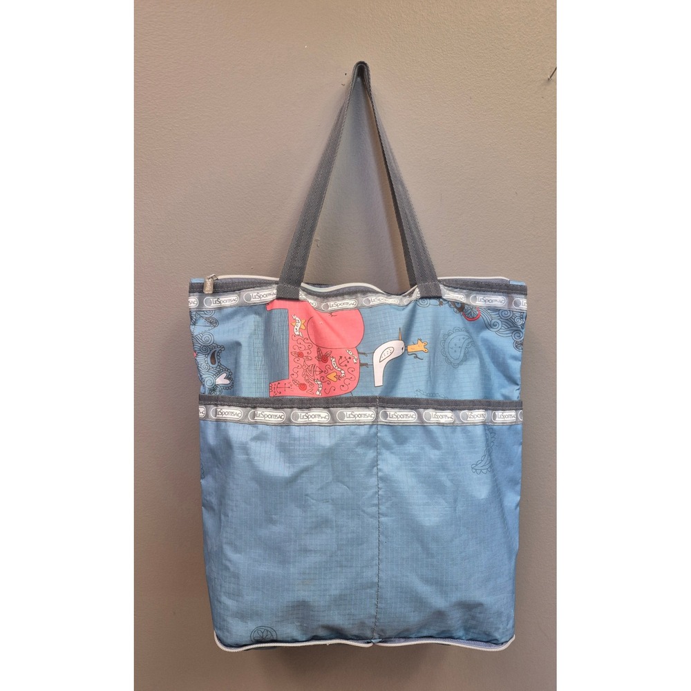 LeSportsac Packable Travel Tote Bag Blue Mum Elephant Print Nylon Zip Foldable